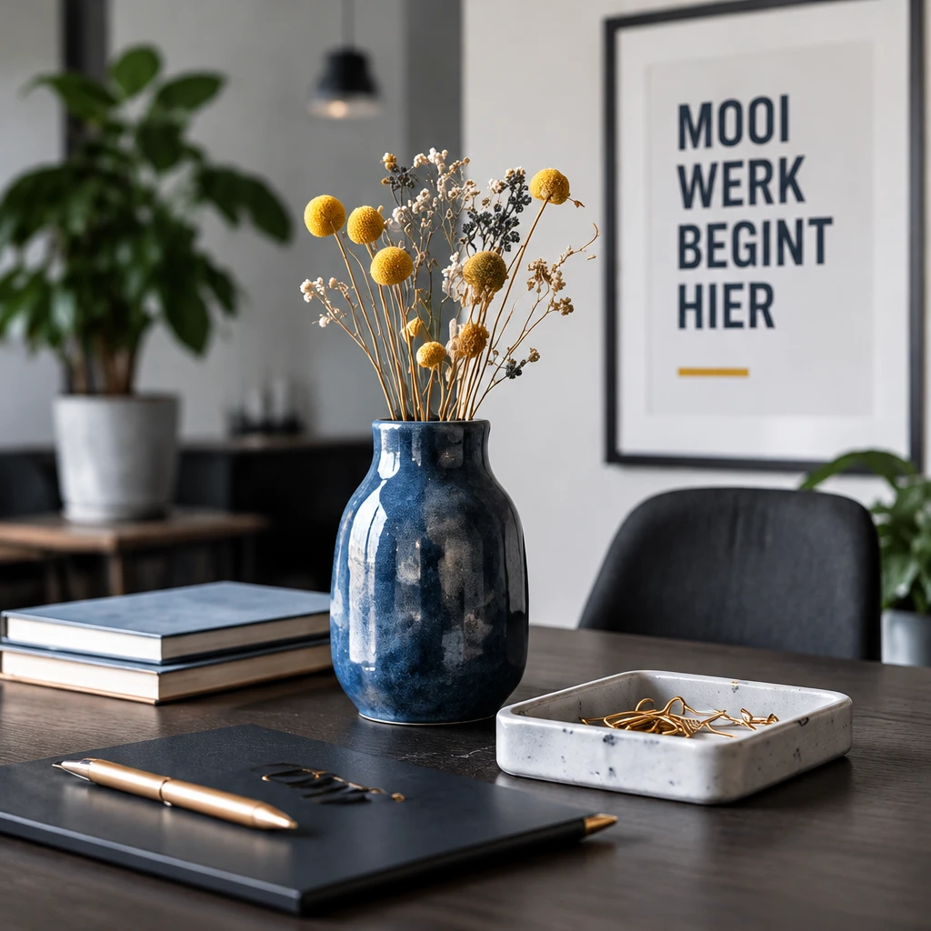 Blauwe handgemaakte vaas met droogbloemen op een bureau, met ingelijste print 'Mooi werk begint hier'