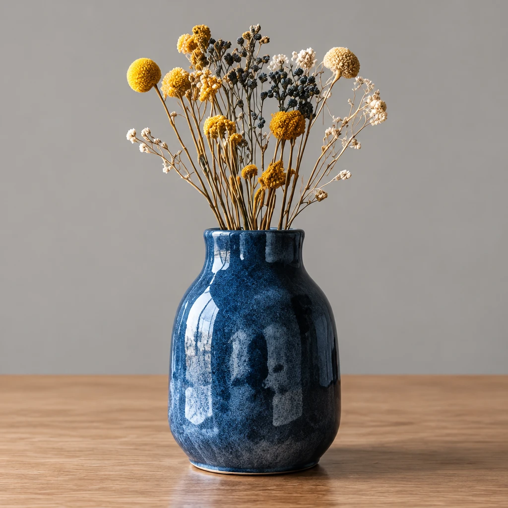 Blauwe handgemaakte stenen vaas met droogbloemen op een houten tafel
