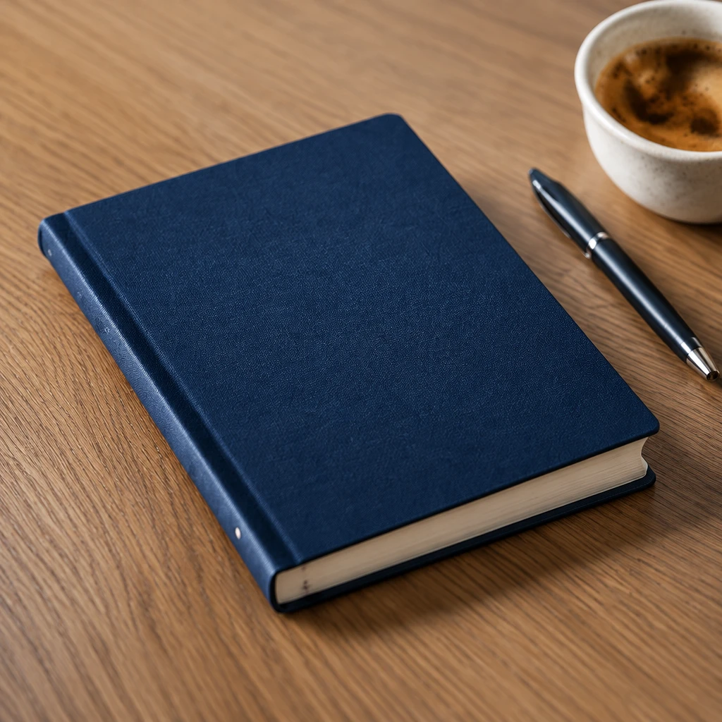 Donkerblauw notitieboek met pen op een houten bureau