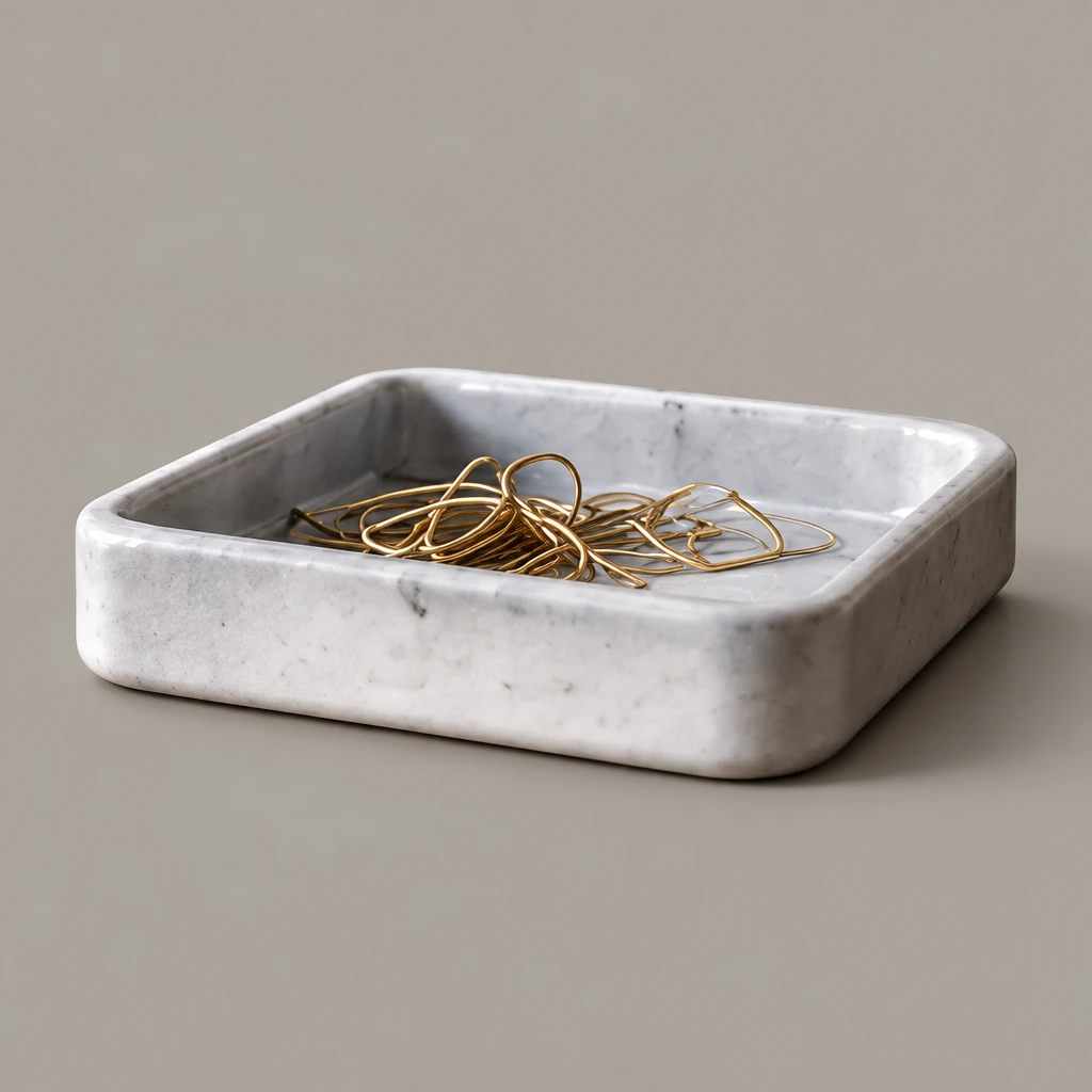 Wit marmeren bureaubakje met paperclips op een houten bureau